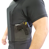 Man wearing Streetwise Safe-T-Shirt Ballistic Plate Carrier w/ Holster in side view