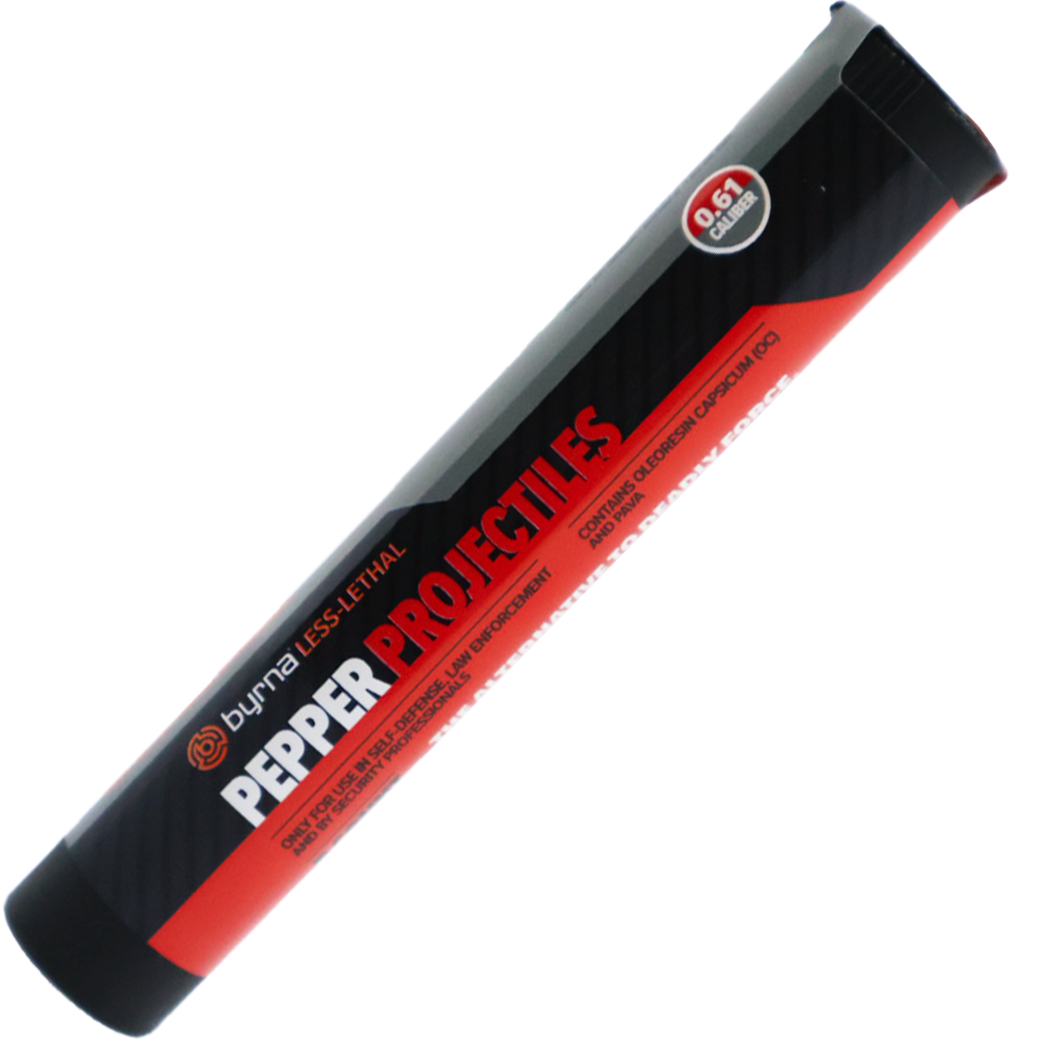 An black and red tube packaging with Byrna Max .61 Projectiles inside
