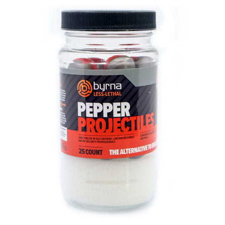 Jar of Byrna Less-Lethal Pepper Projectiles on a white background