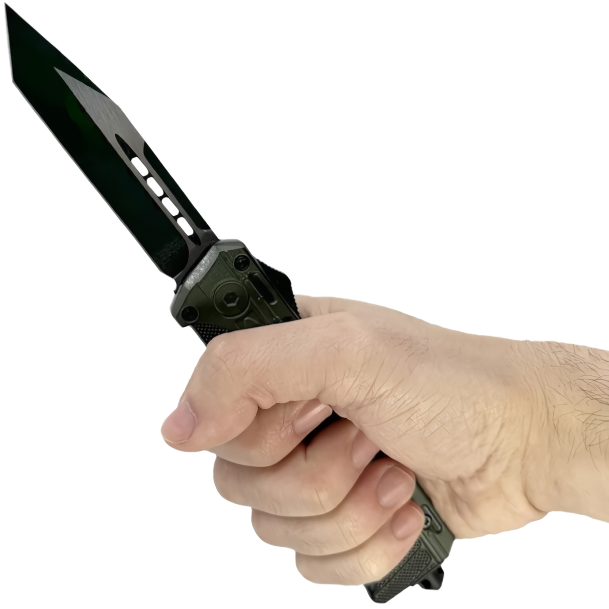 A hand holding a black and green 3.5" Armed Force Tactical Automatic OTF Tanto Knife