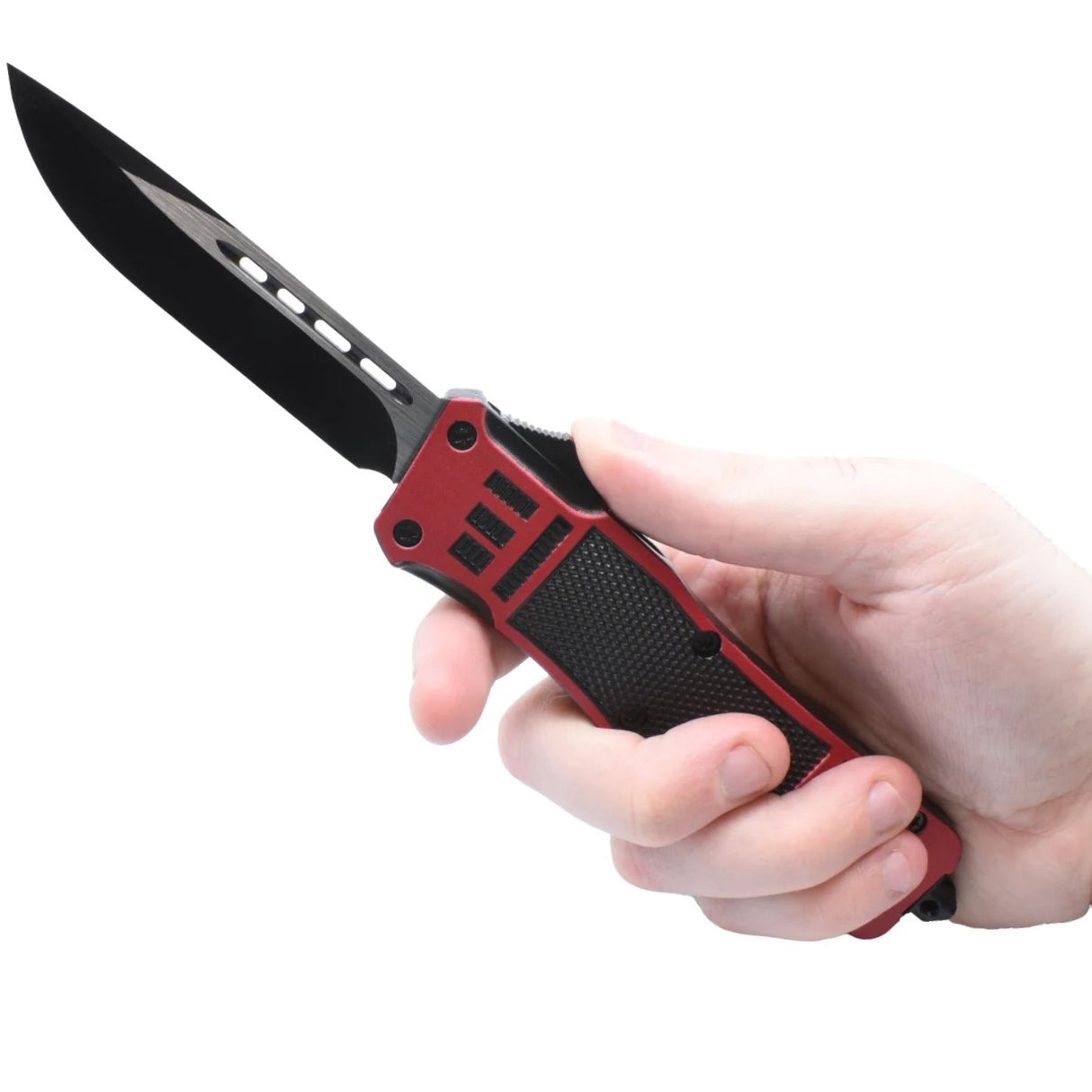 An open black and red 3.25" Armed Force Tactical Automatic OTF Pocket Knife 
