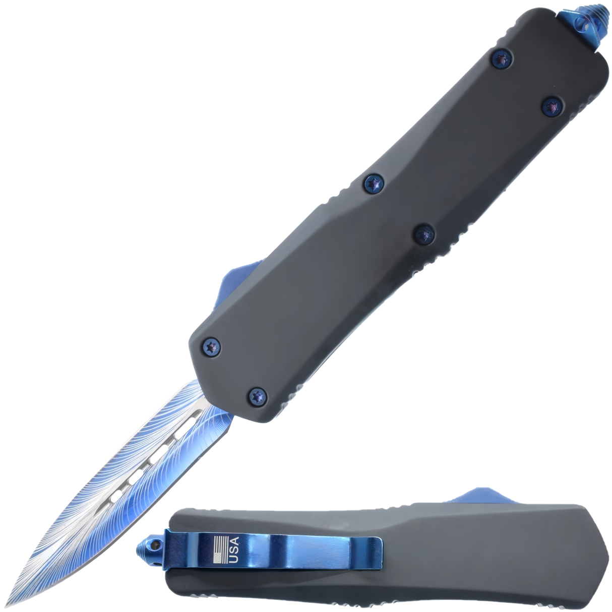 A black and blue 3.25" Armed Force Tactical OTF Dagger Knife, shown both open and closed featuring the blade and its metal clip