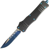 An open black and blue 3.25" Armed Force Tactical Automatic OTF Pocket Knife w/ Molle Holster
