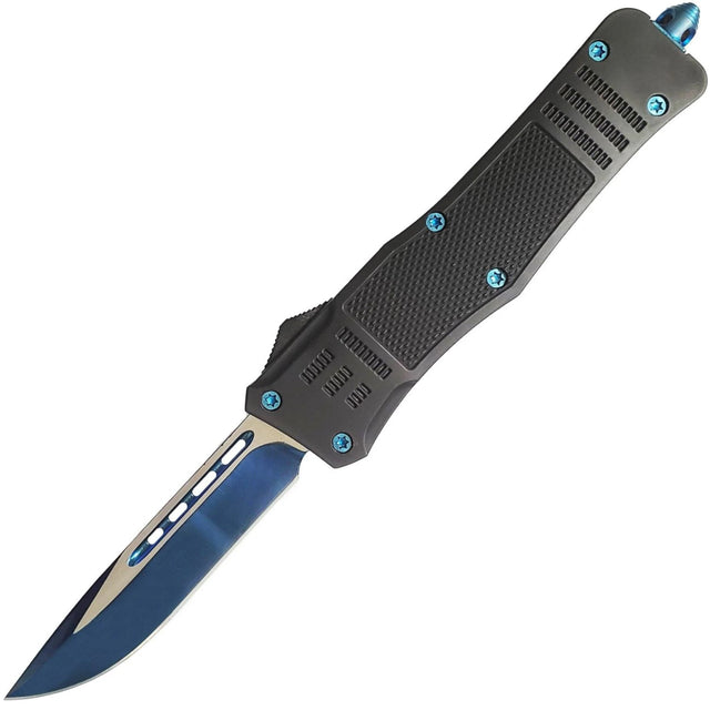 An open black and blue 3.25" Armed Force Tactical Automatic OTF Pocket Knife w/ Molle Holster
