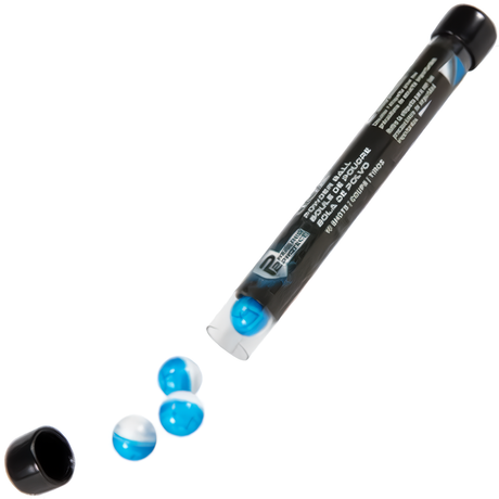 An open canister with blue Prepared 2 Protect Self-Defense Pepper Ball Rounds inside