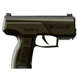 Close-up of green Byrna CL self-defense launcher with ergonomic grip and trigger, CA Legal