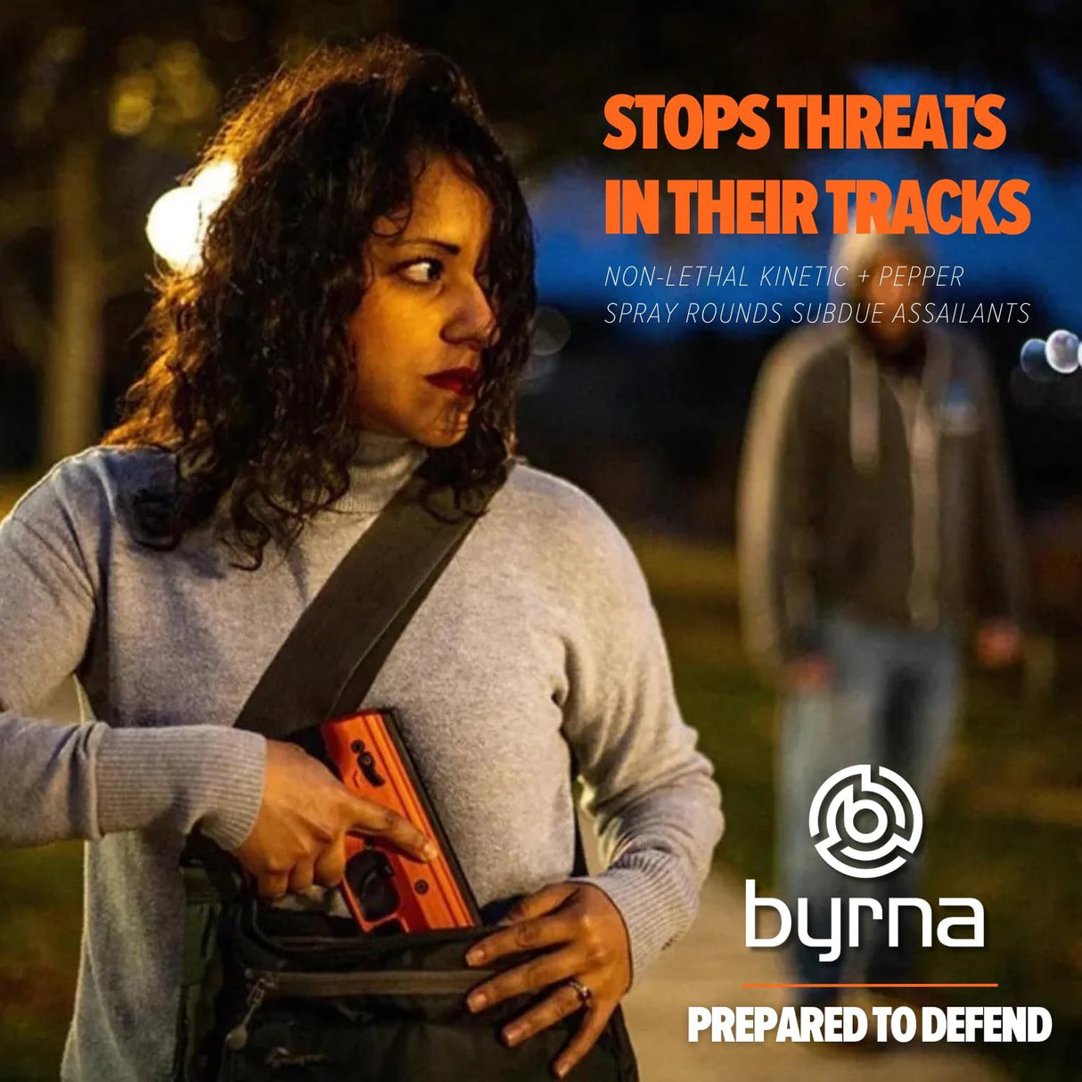 Woman holding a Byrna LE Kinetic Non-Lethal CA Legal Projectile Gun while a man approaching