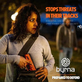 Woman holding a Byrna LE Pepper Non-Lethal Self-Defense Projectile Gun while a man approaching