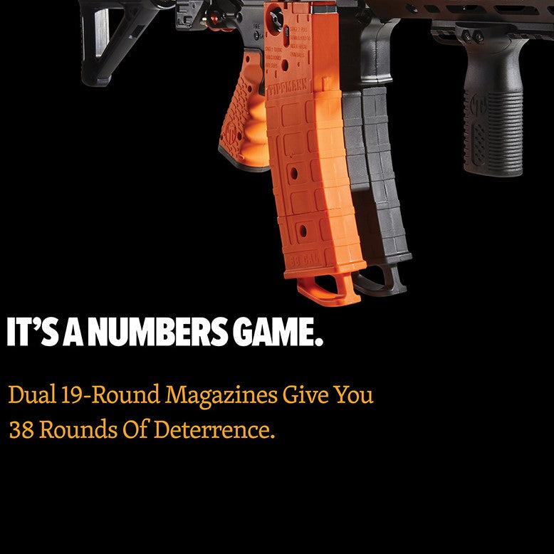 Promotional image of Byrna Mission-4 Non-Lethal Pepper Projectile Rifle with text reading ‘It’s a numbers game. Dual 19-round magazines give you 38 rounds of deterrence.
