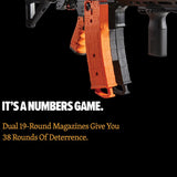 Promotional image of Byrna Mission-4 Non-Lethal Pepper Projectile Rifle with text reading ‘It’s a numbers game. Dual 19-round magazines give you 38 rounds of deterrence.