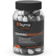 A clear plastic jar containing white and gray Byrna Pro Training Non-Lethal Self-Defense Inert Projectiles 