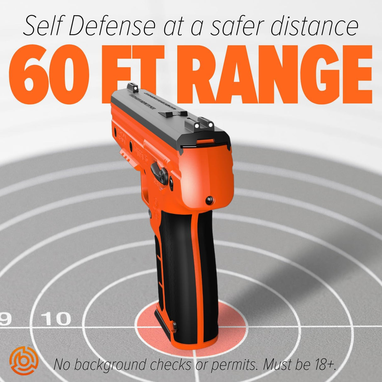 Promotional graphic showing orange Byrna SD Kinetic Non-Lethal CA Legal Projectile Gun standing upright, with text reading ‘Self Defense at a Safer Distance’ and ‘60 FT Range,’ illustrated with concentric range circles on a gray background.