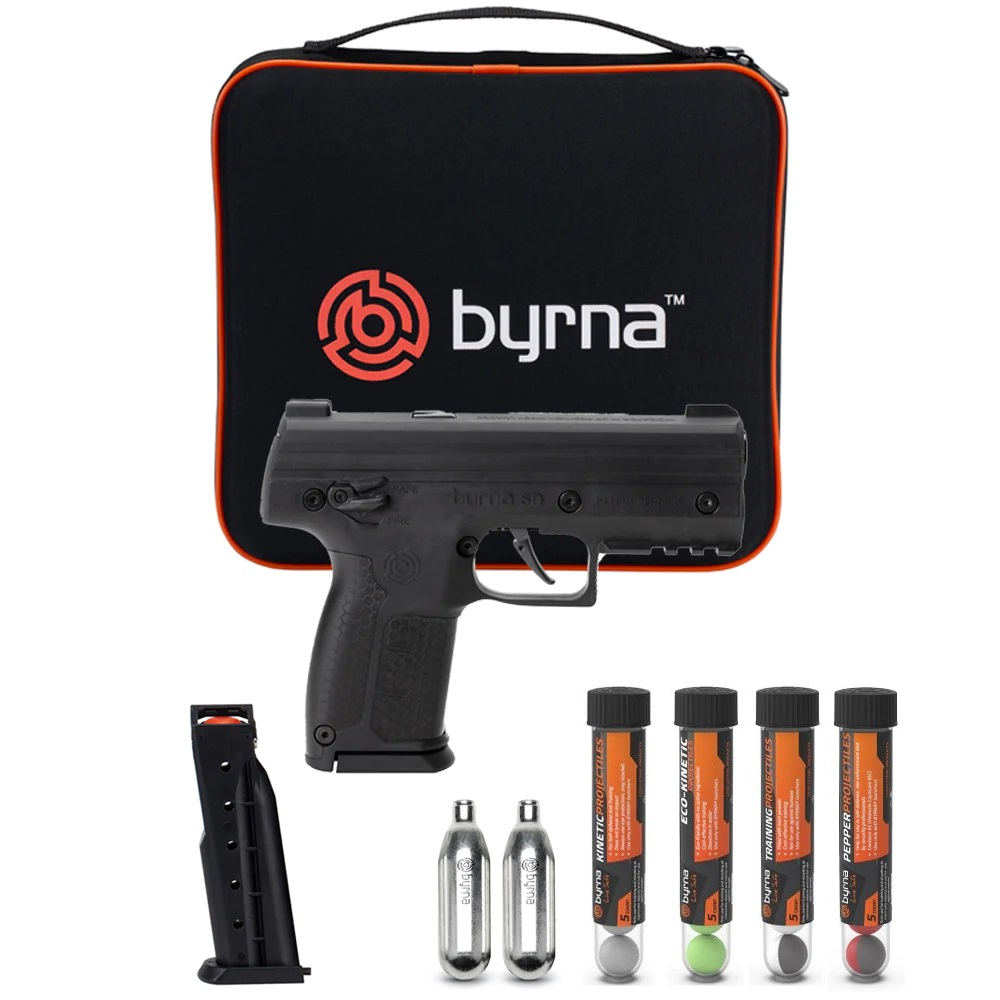 Bundle of Byrna SD Pepper Non-Lethal Self-Defense Projectile Gun including 5-round magazines, 8g CO2 cylinders, 5-round tube of Byrna Kinetic Projectiles, Eco-Kinetic Projectiles, Pro Traning Inert and Pepper Projectiles and a Carrying Case
