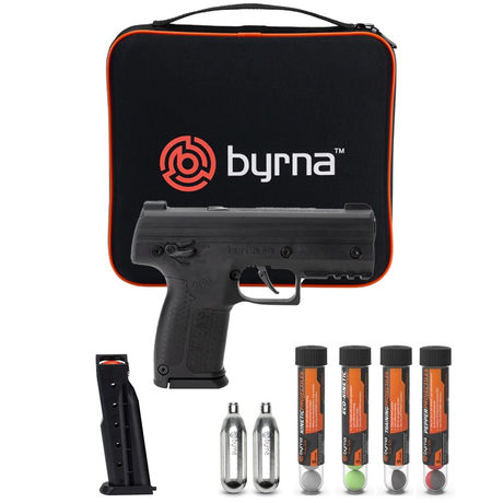 Bundle of Byrna SD Pepper Non-Lethal Self-Defense Projectile Gun including 5-round magazines, 8g CO2 cylinders, 5-round tube of Byrna Kinetic Projectiles, Eco-Kinetic Projectiles, Pro Traning Inert and Pepper Projectiles and a Carrying Case