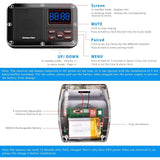 Diagram of the receiver hub. The top section labels the LCD screen, volume/power buttons, and speaker. The bottom section shows the internal view of the sensor housing, highlighting the rechargeable battery and the circuit board.