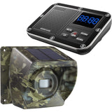 Camouflage Crow Alert Wireless Outdoor Motion Detector Driveway Alarm System consisting of a brown solar panel  and a black control unit with a digital display