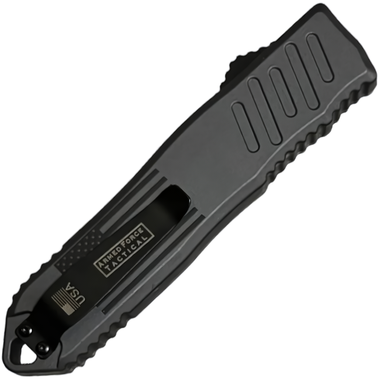 A closed black 3.25" Armed Force Tactical OTF Dagger Knife showing its metal clip
