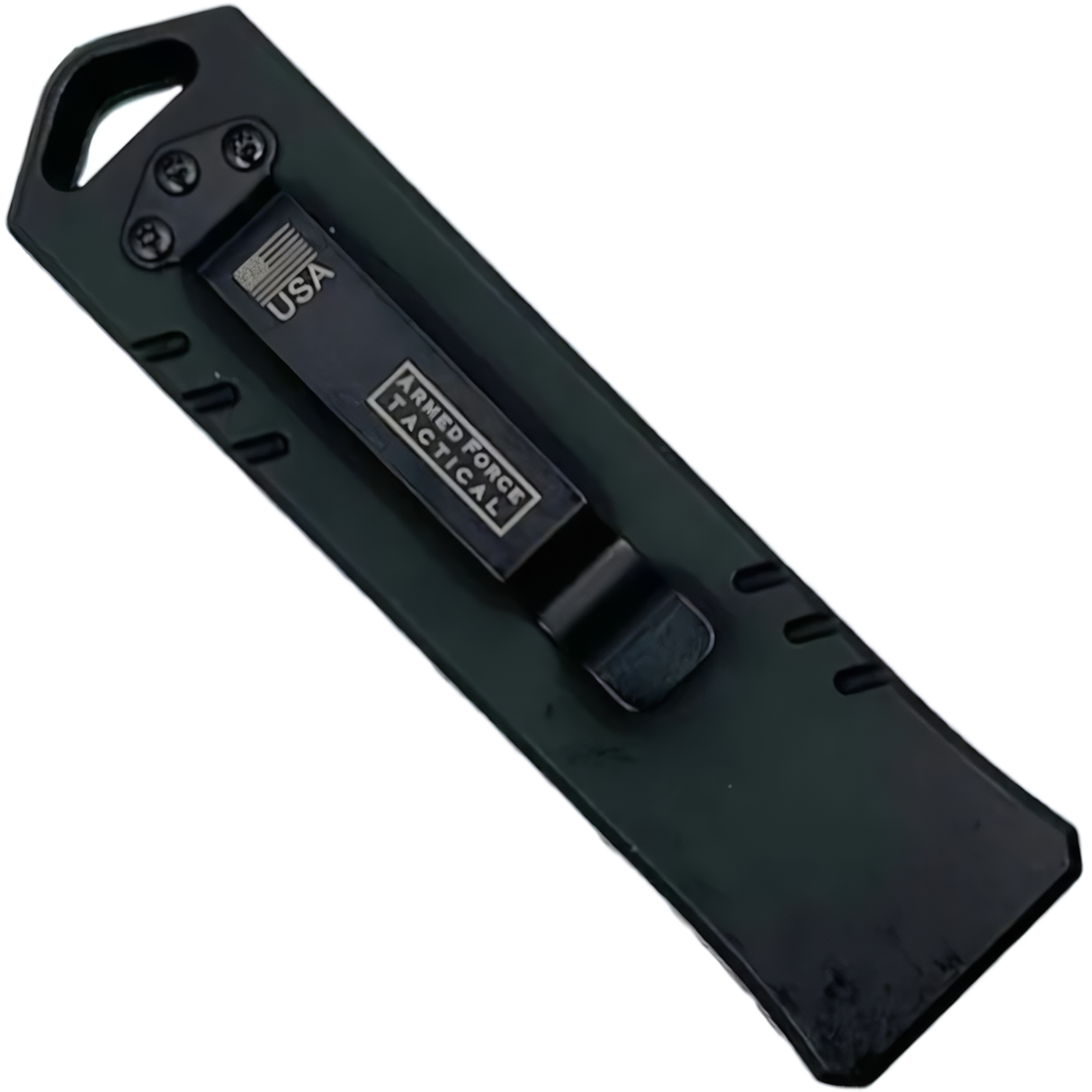 A black closed 3" Armed Force Tactical Mini Automatic OTF Dagger Pocket Knife showing its metal clip
