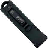 A black closed 3" Armed Force Tactical Mini Automatic OTF Dagger Pocket Knife showing its metal clip
