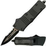 A black 1.75" Armed Force Tactical Mini Automatic OTF Half Serrated Dagger Knife, shown both open and closed featuring the blade and its metal clip

