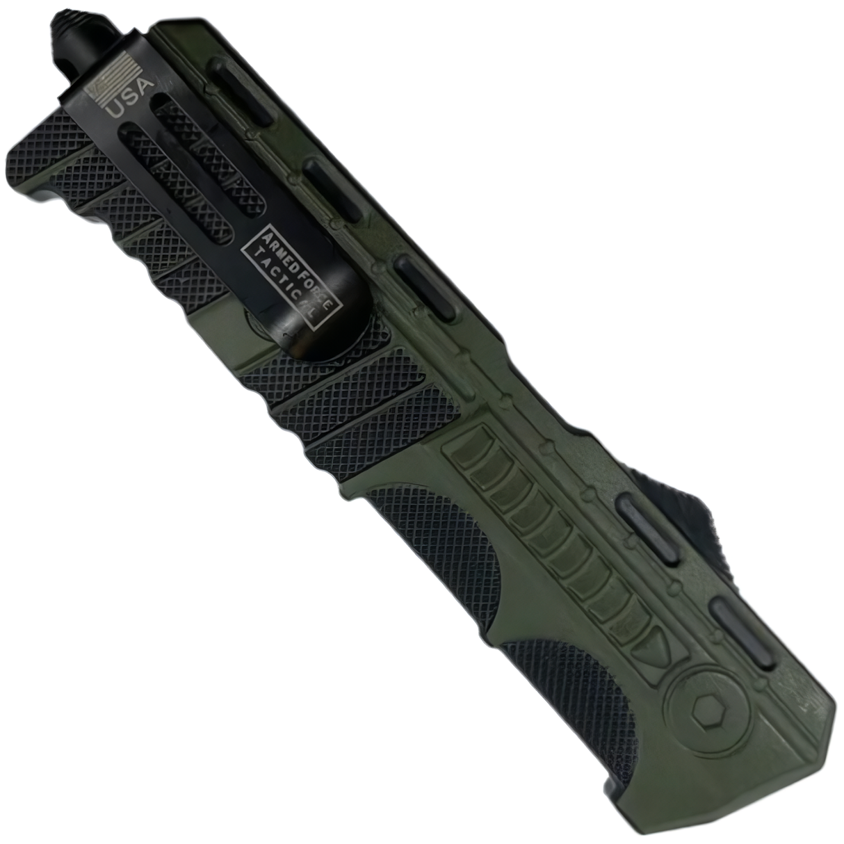 A closed black and green 3.5" Armed Force Tactical Automatic OTF Tanto Knife showing its metal clip