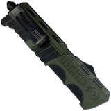 A closed black and green 3.5" Armed Force Tactical Automatic OTF Tanto Knife showing its metal clip