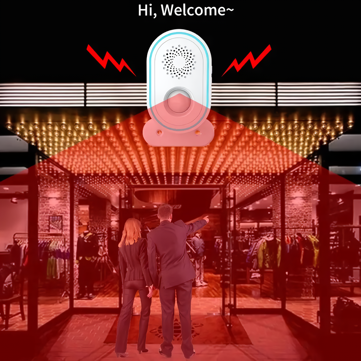 Illustration of Crow Alert Smart WiFi 110° LED Light Ring Motion Detector Intruder Alarm mounted above a storefront entrance, emitting a red light and alert signal as customers enter 