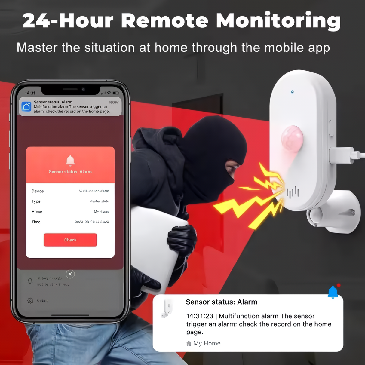24-hour remote monitoring interface showing an immediate smartphone alert when an intruder is detected by the motion sensor