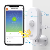 Demonstration of Crow Alert Smart WiFi 110° PIR Motion Detector Intruder Alarm 80dB connected to a smartphone app, showing its 360-degree rotation and 90-degree tilt mounting capabilities.