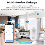 Multi-device linkage illustration showing how various smart sensors throughout a home connect to a central mobile app of Crow Alert Smart WiFi 110° PIR Motion Detector Intruder Alarm