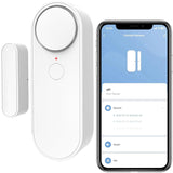 A white Crow Alert Smart WiFi Magnetic Contact Door & Window Intruder Alarm 90dB alongside a smartphone showing the app interface for the device.