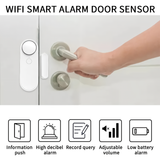 Product feature overview of Crow Alert Smart WiFi Magnetic Contact Door & Window Intruder Alarm 90dB, highlighting instant push notifications, high-decibel alarm, record history, adjustable volume, and low battery alerts.