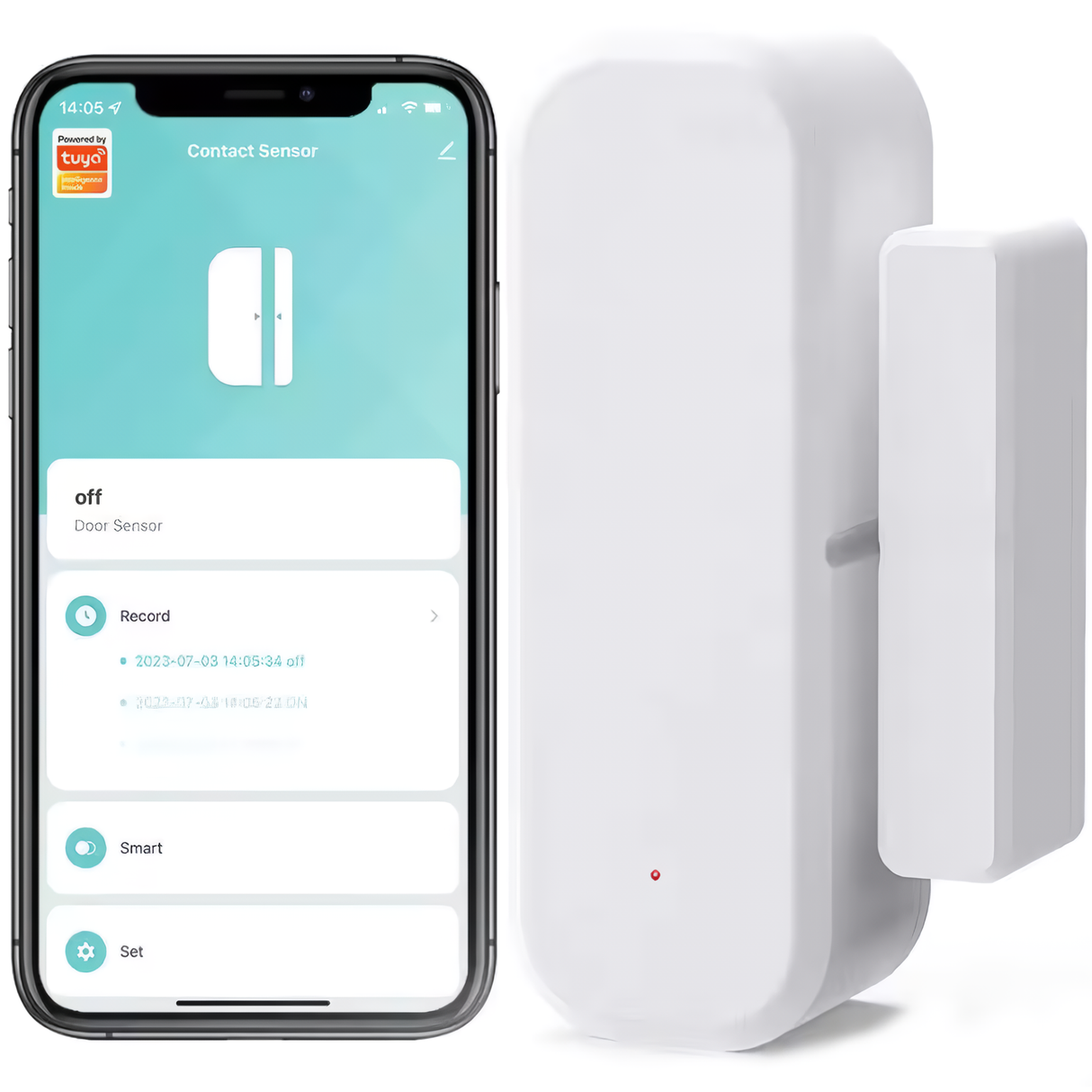 A white Crow Alert Smart WiFi Magnetic Contact Window & Door Intruder Alarm next to a smartphone displaying the app interface for the sensor