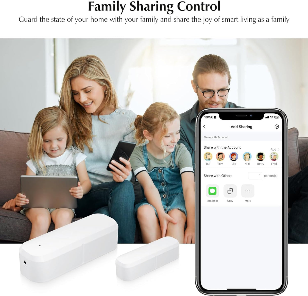 Family in a living room using smartphones to manage home security via the 'Family Sharing Control' feature of Crow Alert Smart WiFi Magnetic Contact Window & Door Intruder Alarm