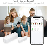 Family in a living room using smartphones to manage home security via the 'Family Sharing Control' feature of Crow Alert Smart WiFi Magnetic Contact Window & Door Intruder Alarm