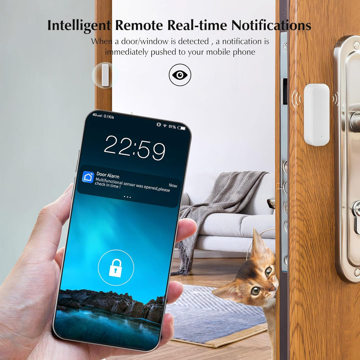 A smartphone displaying a real-time notification from a smart sensor mounted on a door.
