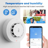 Crow Alert Smart WiFi Smoke & Temperature Detector Alarm connected to a smartphone app showing a real-time high temperature reminder
