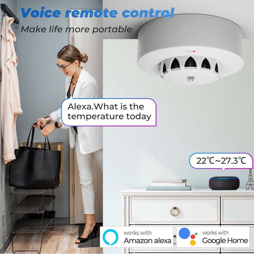 Woman interacting with a smart speaker to ask about room temperature, demonstrating the detector's compatibility with Amazon Alexa and Google Home.