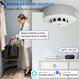 Woman interacting with a smart speaker to ask about room temperature, demonstrating the detector's compatibility with Amazon Alexa and Google Home.