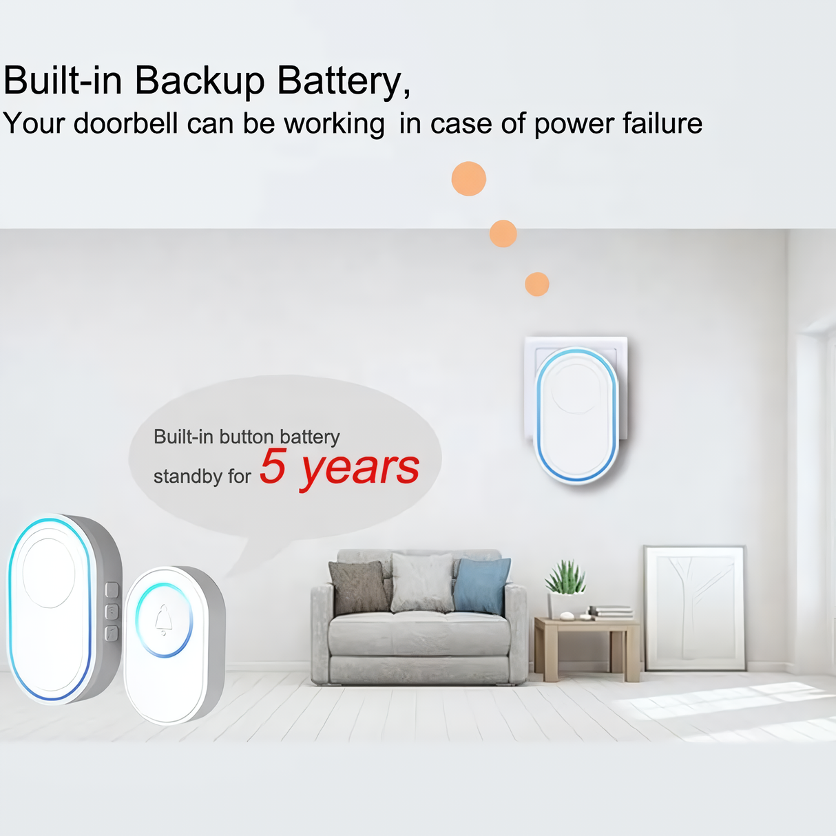Graphic highlighting the built-in backup battery of Crow Alert Smart WiFi Waterproof Doorbell Visitor Chime Alarm 85dB, providing up to 5 years of standby power in case of a failure