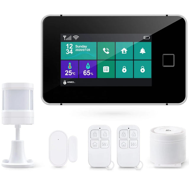 Crow Alert Smart WiFi Wireless Home Security 4G Alarm System Plus set including a control panel with screen, motion sensors, door alarms, remote controls, and a central wireless unit.
