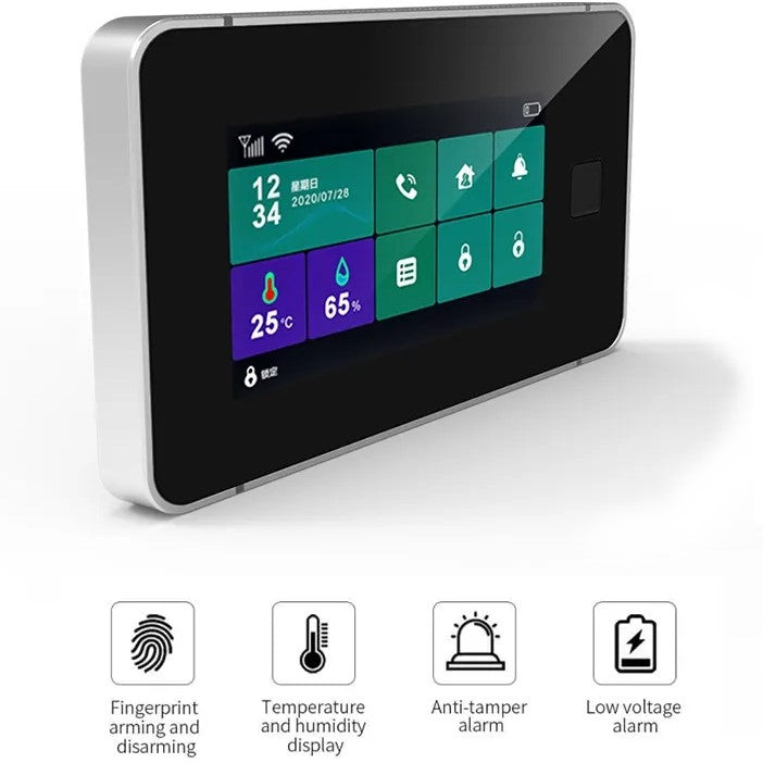 Crow Alert Smart WiFi Wireless Home control panel with a touchscreen display and features like fingerprint arming and disarming, temperature and humidity display, anti-tamper alarm and low voltage alarm
