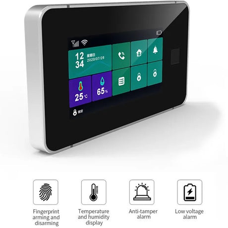 Crow Alert Smart WiFi Wireless Home control panel with a touchscreen display and features like fingerprint arming and disarming, temperature and humidity display, anti-tamper alarm and low voltage alarm