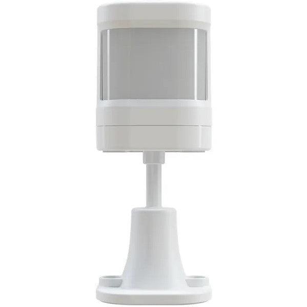 Front-facing view of a white wireless PIR motion sensor for Crow Alert Smart WiFi Wireless Home Security 4G Alarm System Plus mounted on an adjustable stand.