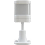 Front-facing view of a white wireless PIR motion sensor for Crow Alert Smart WiFi Wireless Home Security 4G Alarm System Plus mounted on an adjustable stand.