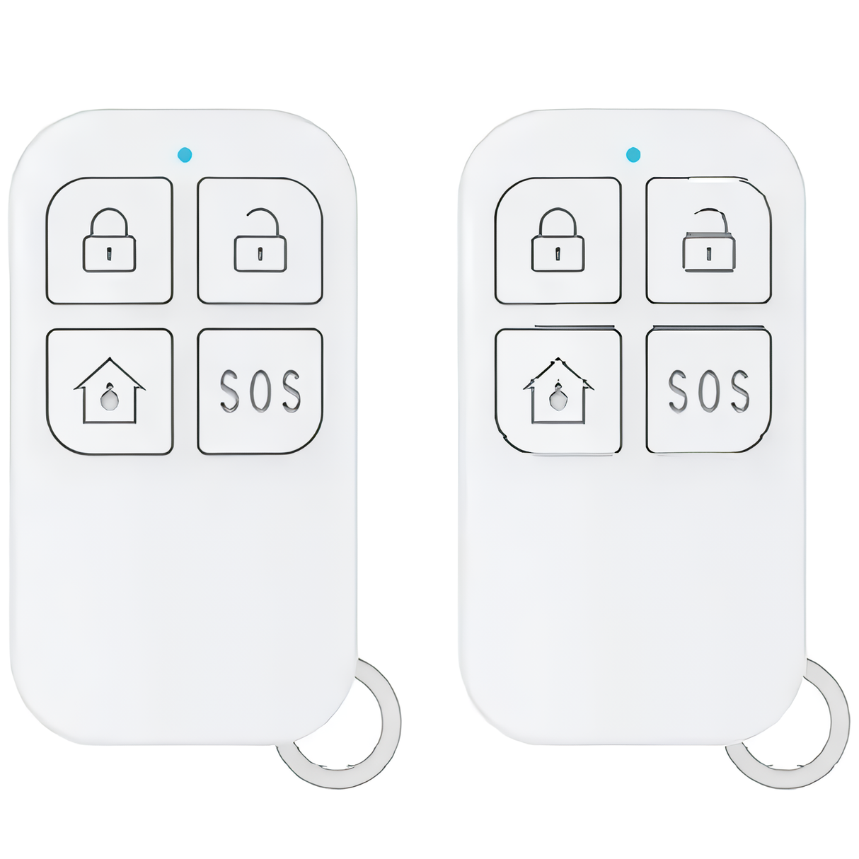 Pair of white rectangular remote control fobs featuring buttons for arming, disarming, home mode, and an SOS alert