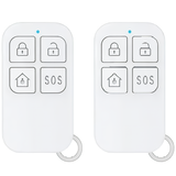 Pair of white rectangular remote control fobs featuring buttons for arming, disarming, home mode, and an SOS alert