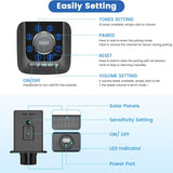 Diagram labeling settings for the receiver hub, such as volume and tones, and the solar sensor's sensitivity and power ports