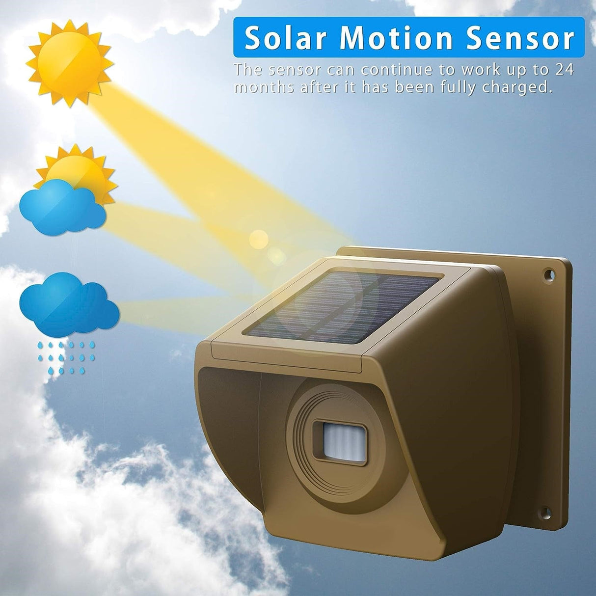 Solar Motion Sensor of Crow Alert Wireless Outdoor Motion Detector Driveway Alarm System showing the sensor can continue to work up to 24 months after it has been fully charged