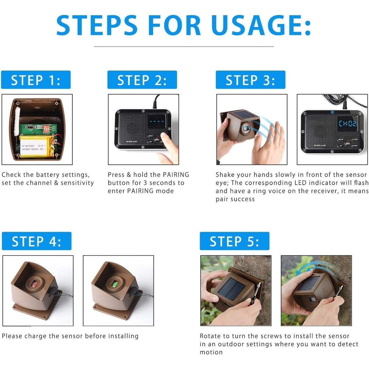 5 steps for usage of Crow Alert Wireless Outdoor Motion Detector Driveway Alarm System 